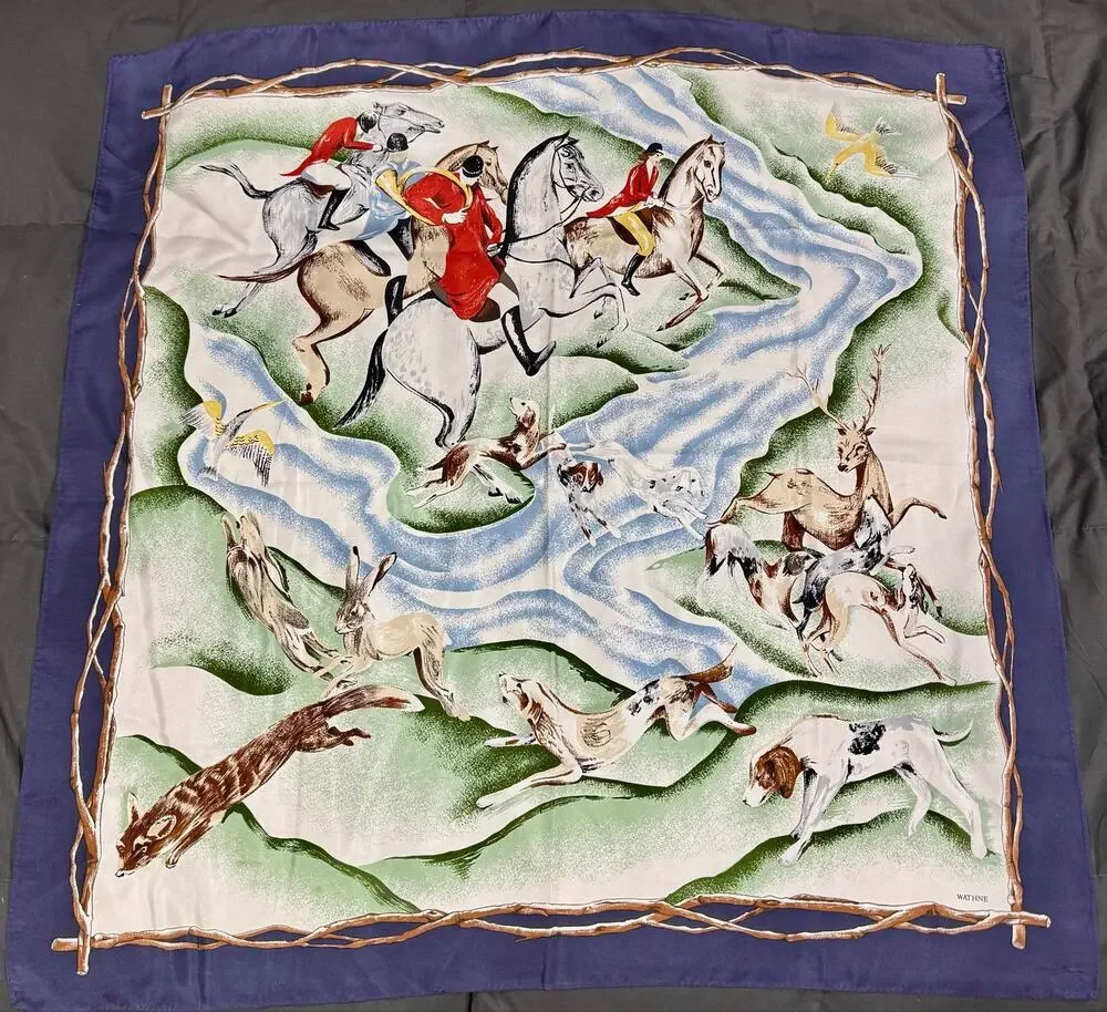 Vintage Wathne Silk Equestrian Fox Hunt Scarf Horses Hounds 35”